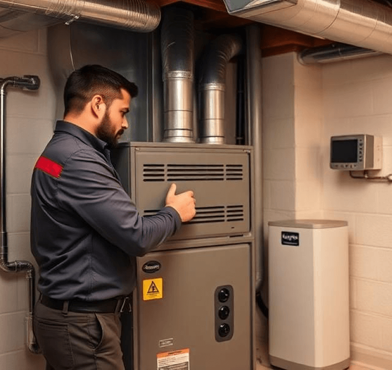 Technician inspecting a furnace unit in a basement